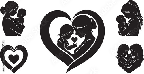 Mother and child love heart symbol silhouette vector graphics set