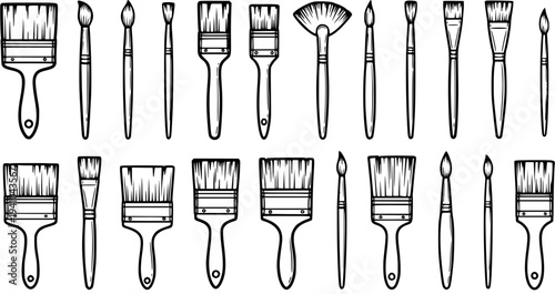 Black and White Line Art of Assorted Paint Brushes for Art and Craft