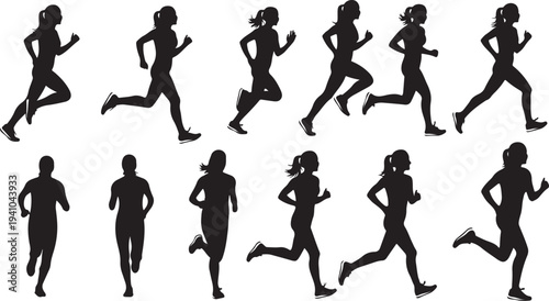 Silhouettes of people running in various poses and motions together