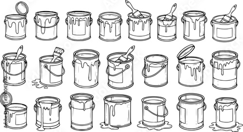 Black and White Line Art Collection of Paint Cans and Buckets with Paint Drips and Brushes