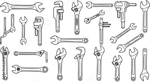 Black and White Line Art Illustration of Various Wrenches and Tools, Construction and Repair