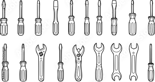 Black and White Line Art Icons of Various Screwdrivers and Wrenches for DIY and Repair