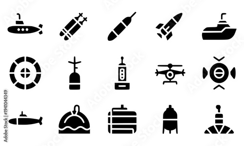 Military naval and aerial weapon icon set with submarine, missile, rocket, drone, torpedo and warship symbols in black solid glyph style for defense and warfare themed design