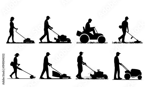 Lawn mower silhouette collection featuring men cutting grass with push mowers, riding mowers, and garden equipment, perfect for landscaping and gardening service designs