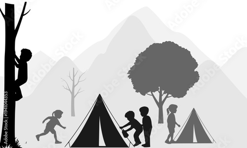 Children camping adventure silhouette scene with kids playing near tents, trees and mountain landscape background for outdoor recreation and summer camp themed graphic design