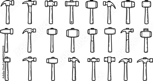 Black and White Line Art Illustration of Various Hammers