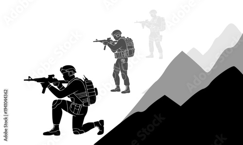 Military soldiers silhouettes in various combat positions with rifle weapons against mountain landscape background for army, defense and tactical warfare themed design