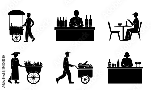  Set of black silhouettes depicting street food vendors, bartender, dining customer and cart sellers for restaurant, food service and hospitality themed graphic design