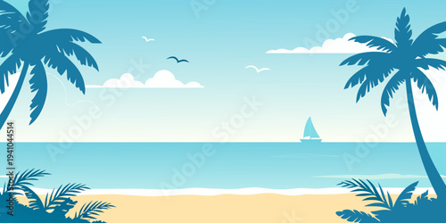 Tropical beach scene with palm trees ocean and a distant sailboat