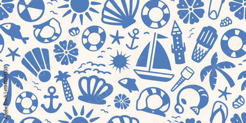 A seamless pattern featuring various blue summer and nautical elements