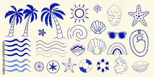 Blue line art illustration of tropical beach elements and summer icons