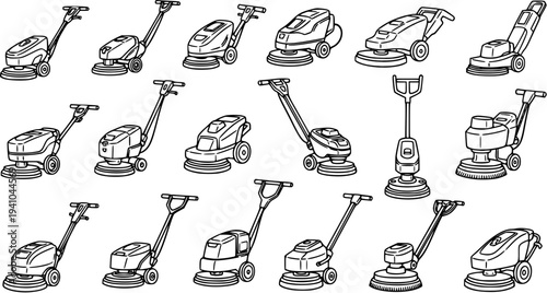 Black and White Line Art of Various Floor Scrubbers and Buffers for Cleaning Industry
