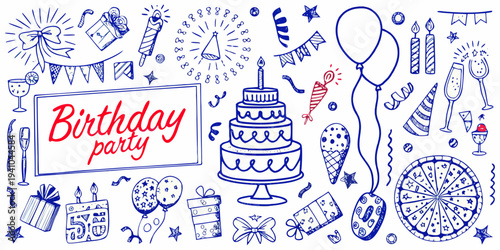 Hand drawn birthday party doodles including cake balloons and celebratory items