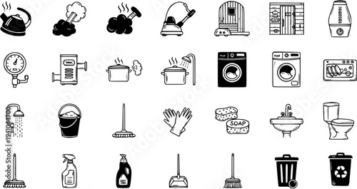 Black and White Line Art Icons of Household Cleaning and Appliances