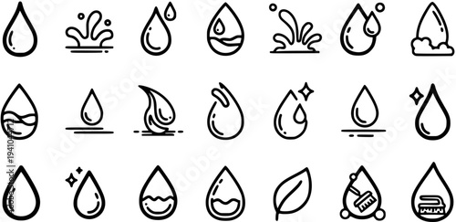 Water drop icons, line art, nature, cleaning, symbols, purity, freshness, liquid, hydration