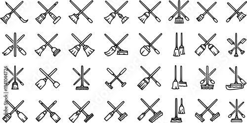 Black and White Line Art Icons of Brooms and Mops for Cleaning Industry