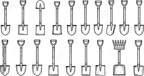 Hand-drawn Line Art Shovels and Gardening Tools Collection. Black and White Vector Illustration for Construction, Agriculture, and DIY Niche.