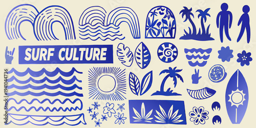 A collection of blue surf culture themed doodles and illustrations