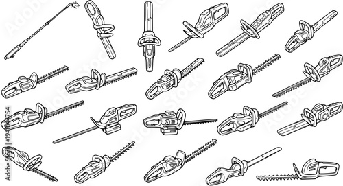 Black and White Line Art Illustration of Various Garden Tools and Chainsaws