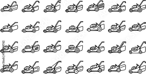 Black and White Line Art Icons of Various Lawn Mowers on White Background