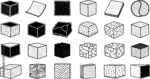 Monochrome Hand-drawn Line Art Icons of Food Blocks, Confectionery, and Ingredients, showcasing diverse textures and forms