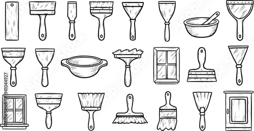 Hand-drawn Black and White Line Art Icons of Construction  DIY Tools Set for Home Renovation, Painting, and Building Projects