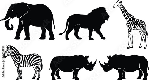 African safari wildlife silhouettes including elephant lion giraffe zebra and rhinoceros isolated vector animal illustration set for nature design