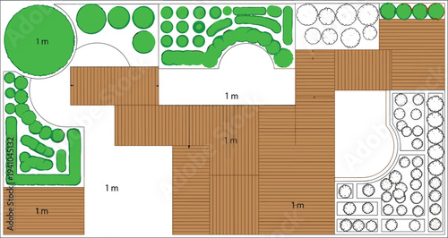 Landscape garden plan top view with wooden deck pathways shrubs trees and layout measurements isolated vector illustration