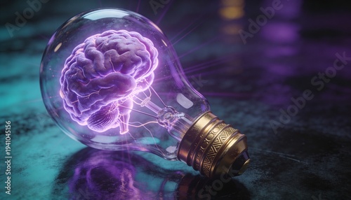 A glowing purple brain inside a lightbulb with electric sparks on a dark reflective surface with a moody atmosphere