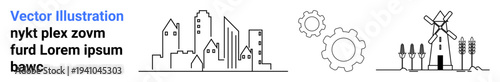 Urban planning, sustainability, industry, renewable energy, agriculture, innovation. Outline of buildings, gears windmill and trees. Urban planning and sustainability concept