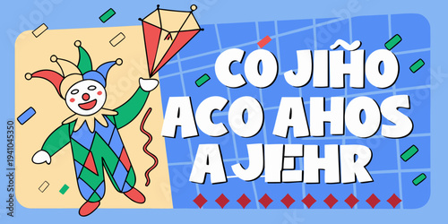 A cheerful clown holds a kite against a vibrant patterned background