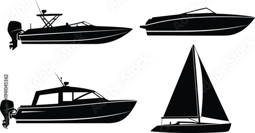 Boat and Yacht Silhouette Collection with Motorboats Speedboats and Sailboat Vector Marine Transport Illustration Set Isolated Design