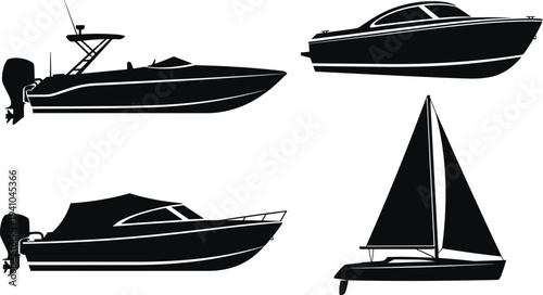 Boat and Sailboat Silhouette Set with Motorboats Speedboats and Yacht Vector Marine Transport Illustration Collection Isolated Design