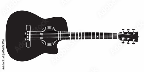 A black silhouette of an acoustic guitar on a white background