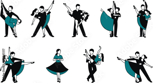 Couple ballroom dance silhouettes set with elegant partner movements isolated vector illustration collection for dance sport performance and choreography design