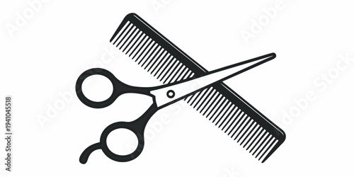 Black and white illustration of barber scissors and a hair comb