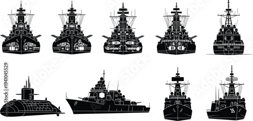 Military warships and submarine silhouettes collection front and side views naval fleet vector illustration isolated on white background
