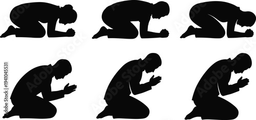 Man praying kneeling silhouettes set, faith worship spirituality devotion prayer religious meditation hope isolated on white background