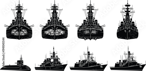 Military warship and submarine silhouettes collection with front and side views naval fleet vector illustration isolated on white background