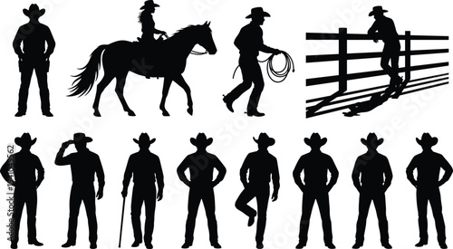 Cowboy silhouette collection with western rancher riding horse standing walking and fence poses isolated vector illustration set