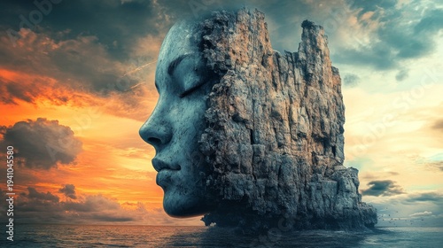 A serene face sculpted from rock, amidst a dramatic sunset