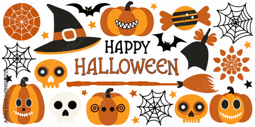 A playful halloween illustration featuring pumpkins bats and spooky elements