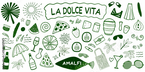 A whimsical collection of summer icons and italian phrases in green