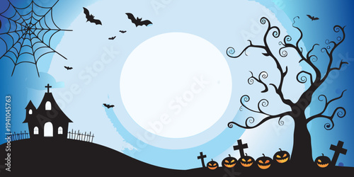 A spooky halloween scene with a full moon bats and a haunted house