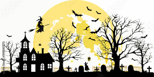 Spooky halloween scene featuring a witch bats and a haunted graveyard