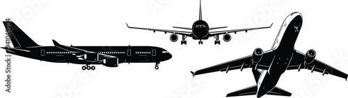 Passenger airplane silhouettes set with front side and perspective views isolated vector aircraft collection for aviation transportation design