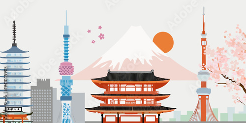 Iconic japanese landmarks including mount fuji and tokyo tower illustration