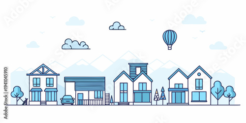 Stylized illustration of a townscape with mountains and a hot air balloon