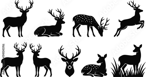 Deer silhouette set with stag buck and doe poses including standing jumping resting wildlife vector illustration collection