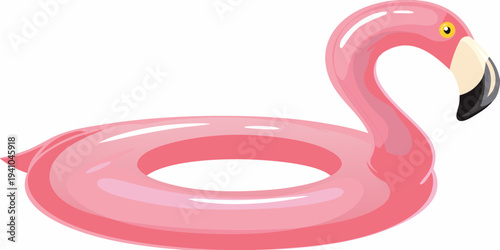 A pink flamingo shaped inflatable pool float isolated on white